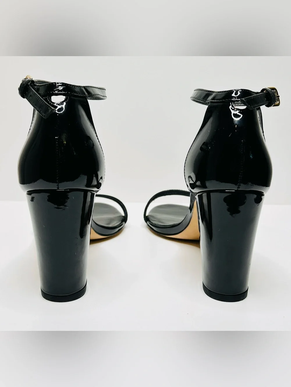 Stuart Weitzman Black Patent Leather Nudist Curve Ankle-Strap Heels Shoes Sandal